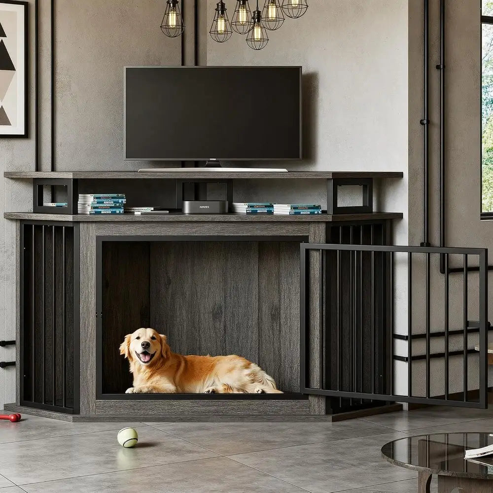 MKDK Wooden Dog Crate Furniture With 2-Tier Shelves