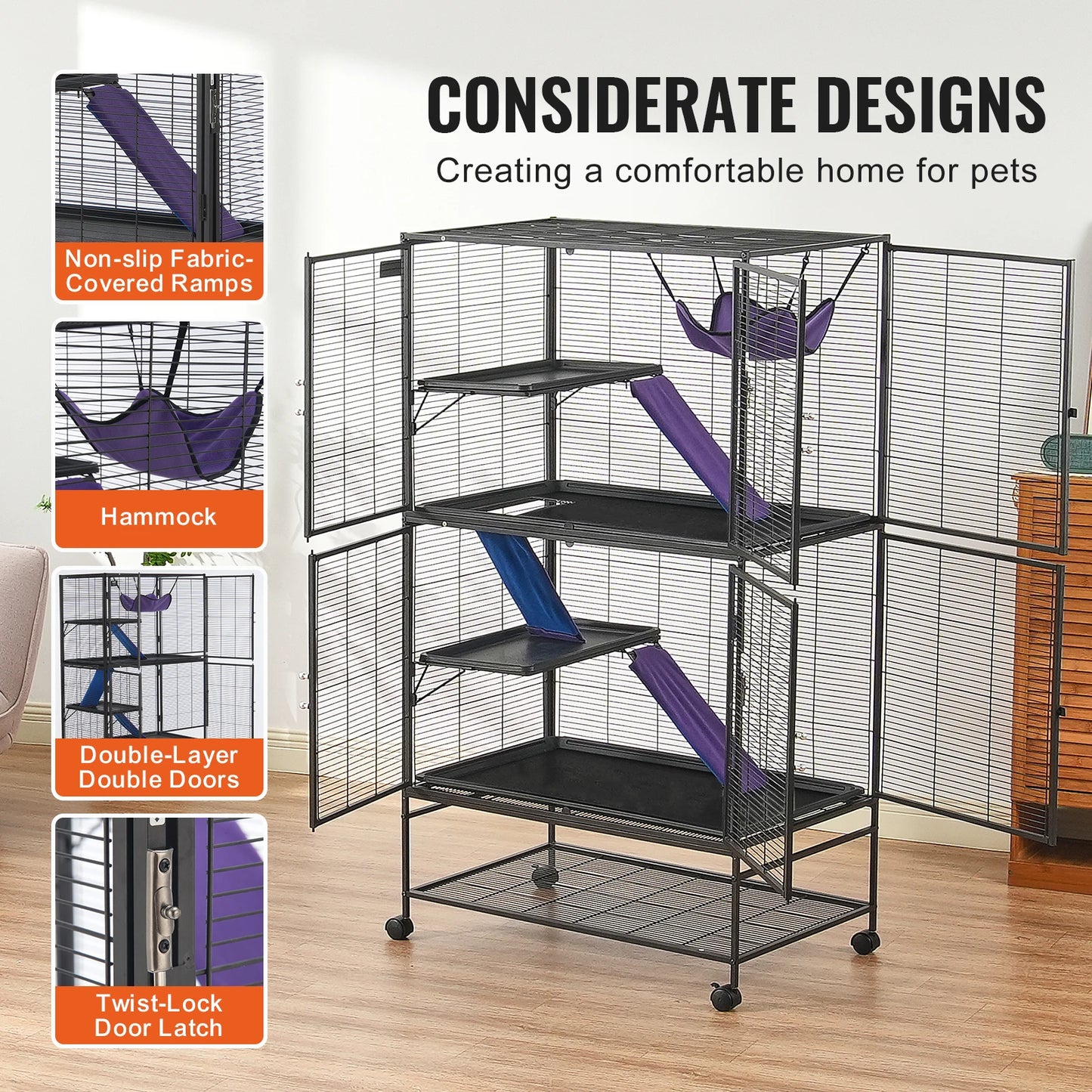 SucceBuy 64.6 Inch Rolling Metal Multi Tier Small Animal Cage