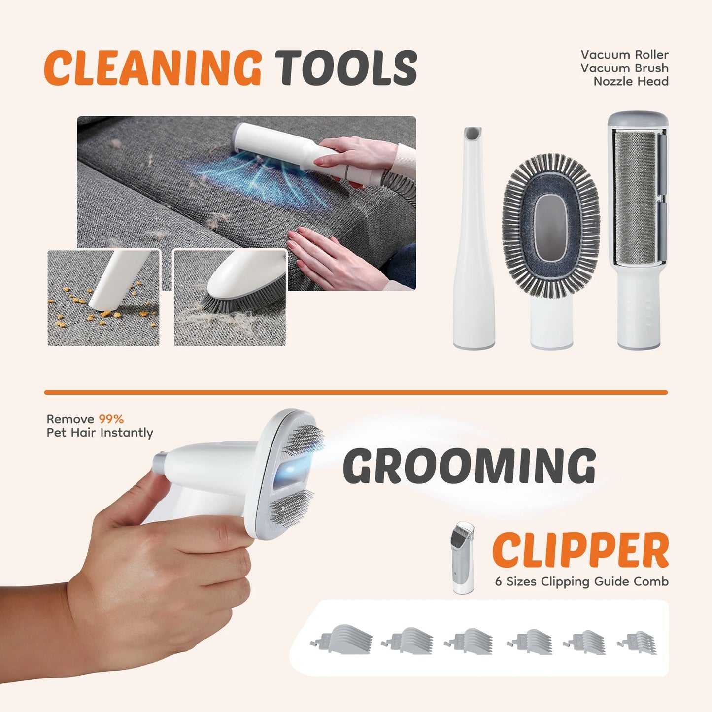 Pet Grooming Vacuum Kit With Cordless Low Noise Clippers
