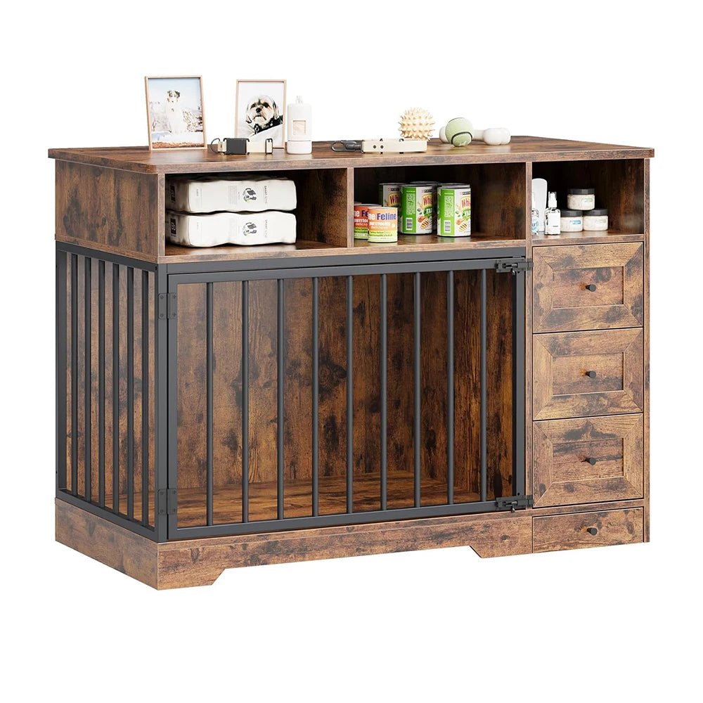 HiMISS Farmhouse Dog Crate Table With Bowl And Drawers