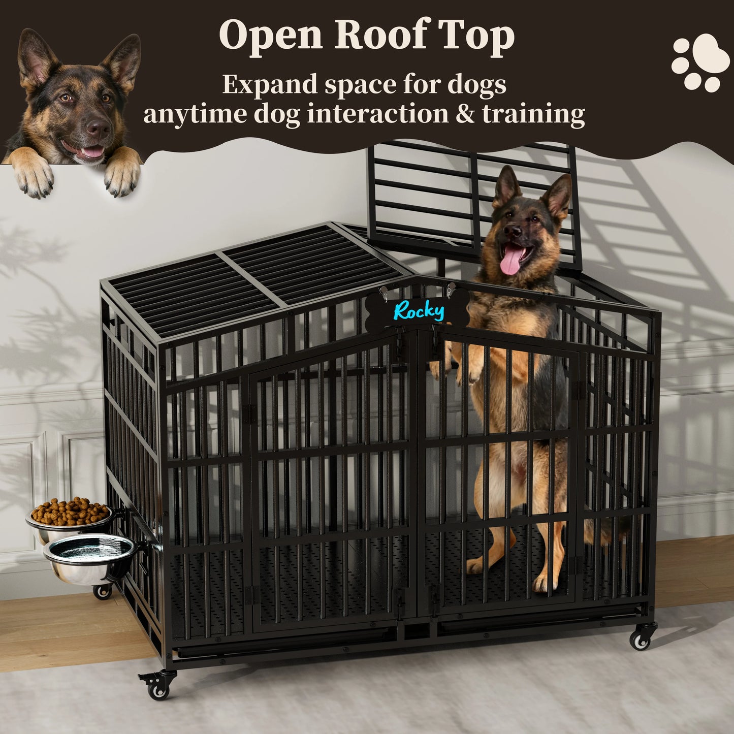 EasyCom Heavy Duty Dog Crate With Lockable Wheels And Bowls
