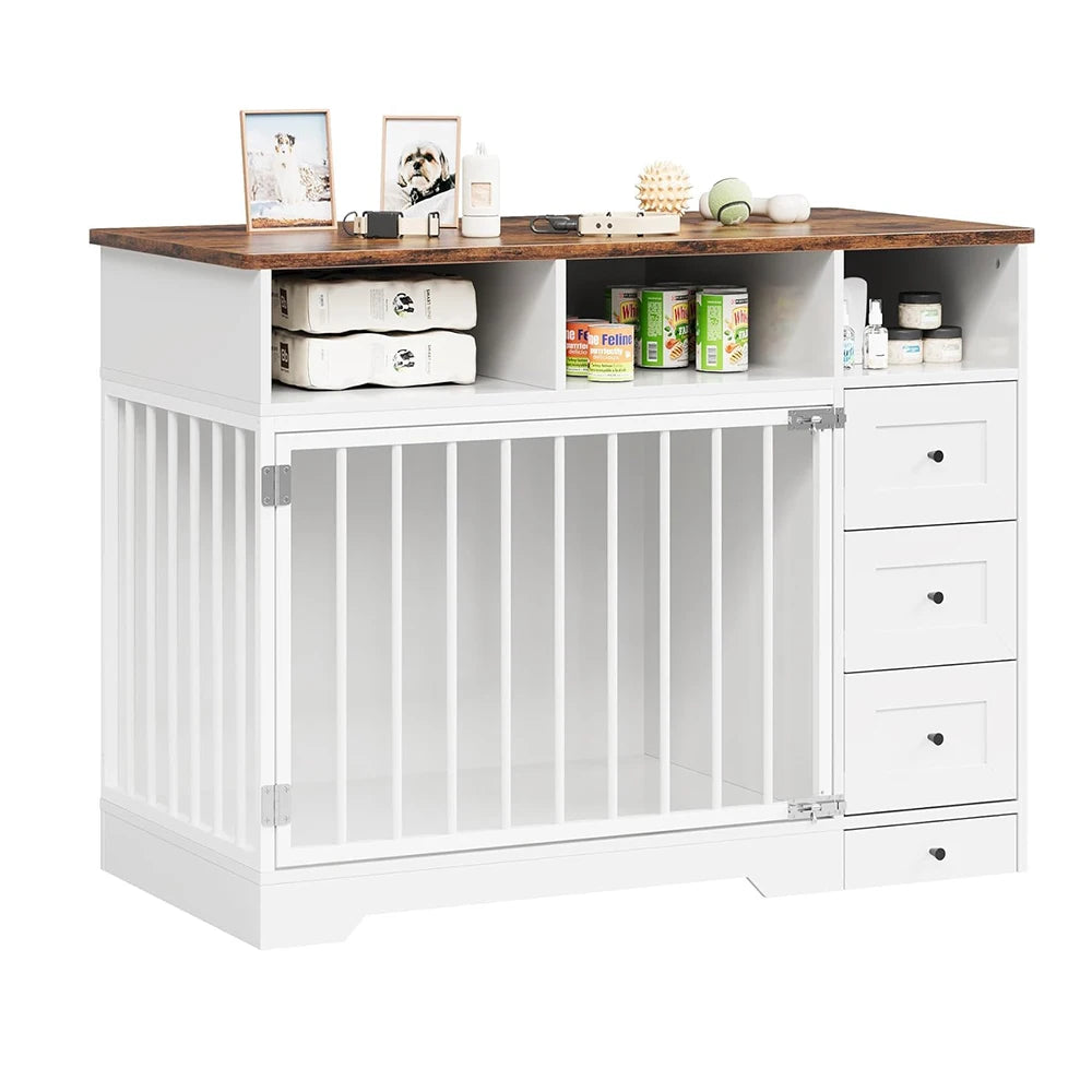 HiMISS Farmhouse Dog Crate Furniture Kennel Table With Drawers Bowl