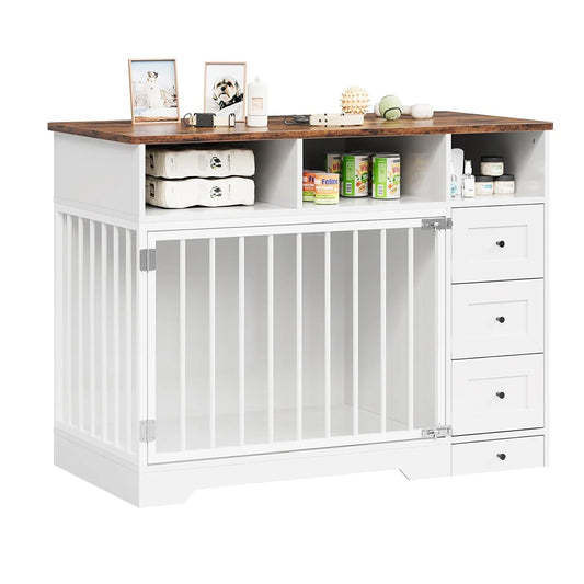 HiMISS Farmhouse Dog Crate Table With Bowl And Drawers