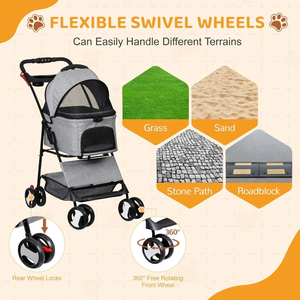 Collapsible Three in 1 Pet Stroller for Dogs and Cats
