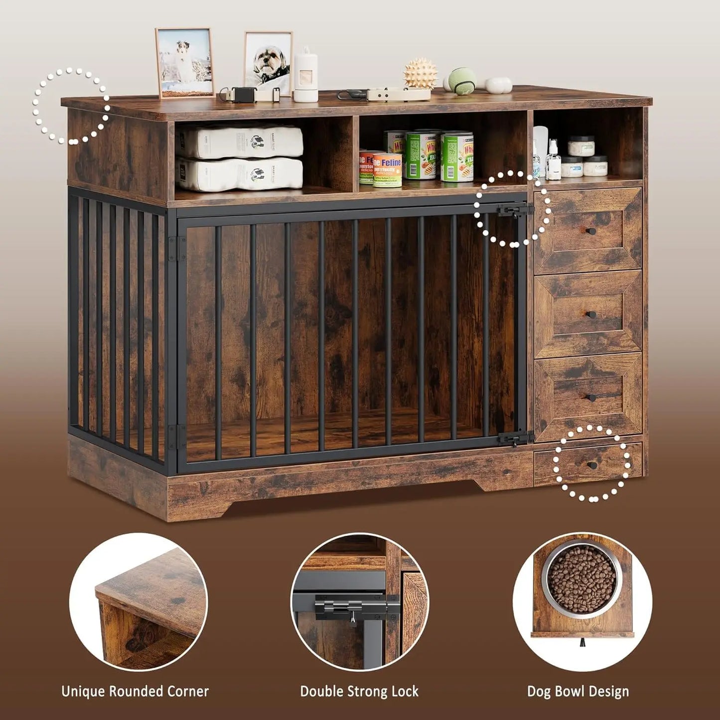 HiMISS Farmhouse Dog Crate Furniture Kennel Table With Drawers Bowl