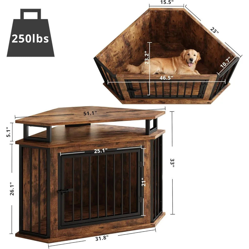 Wooden Corner Dog Crate With Two-Tier Shelves For Large Dogs