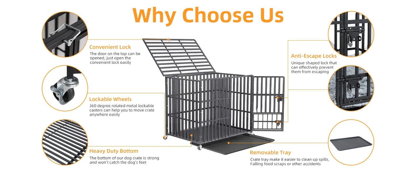 BORWART Heavy Duty Dog Crate With Lockable Wheels And Tray