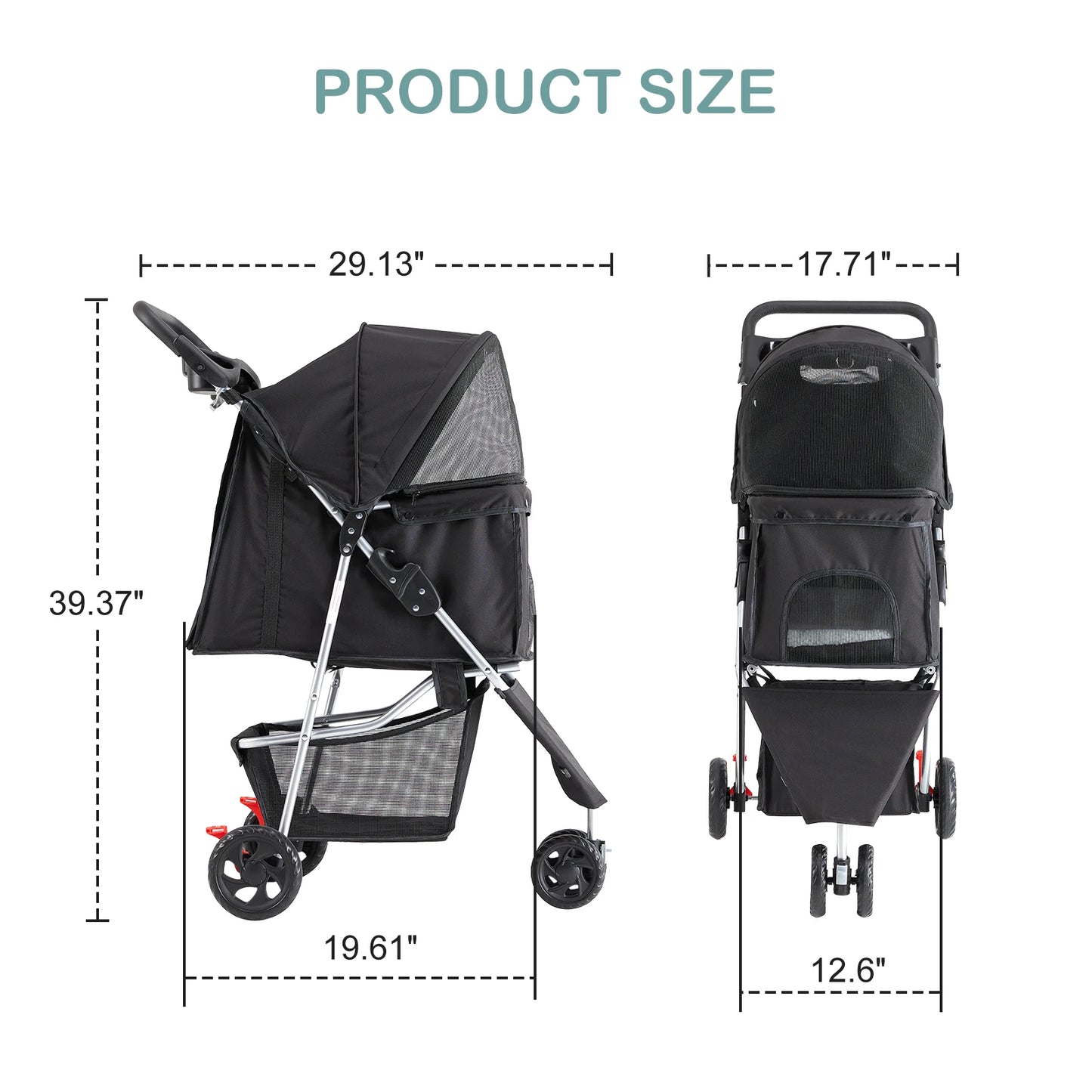 Foldable 3 Wheel Pet Stroller With Mesh Windows Storage Basket