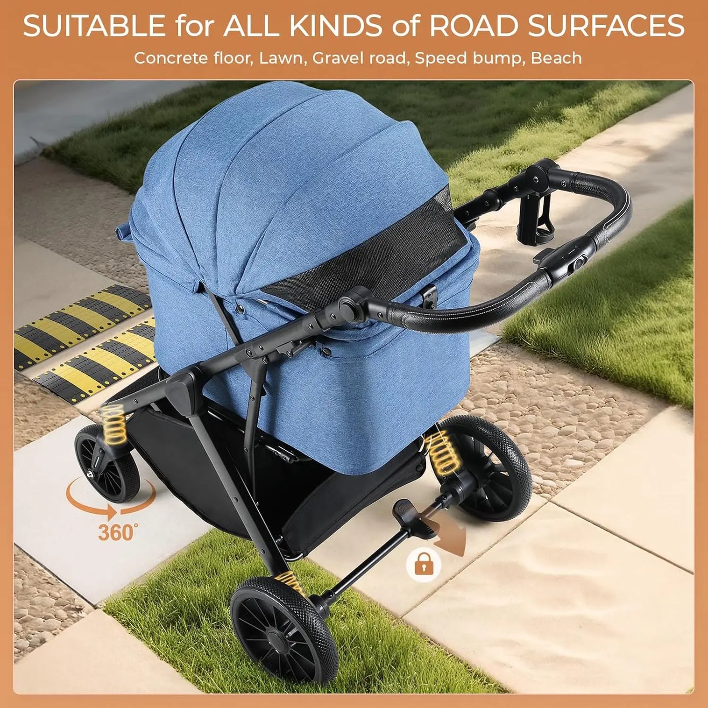 Foldable Pet Stroller All Terrain Travel Carrier With Shock Absorbers