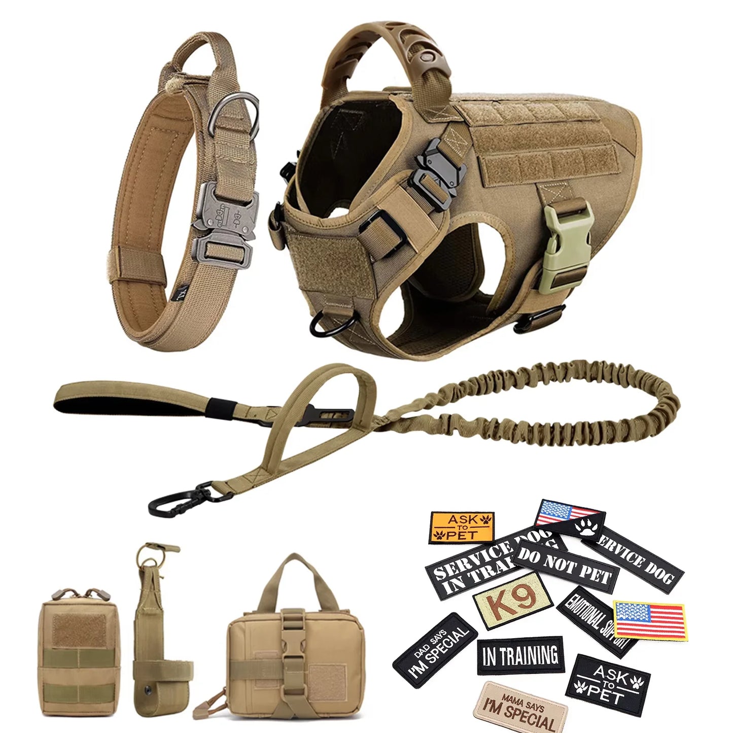 Military Nylon Dog Harness Vest With Leash Patches Training Set