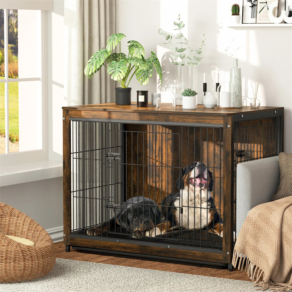 BORWART Elevated Dog Crate Table With Double Doors Removable Tray