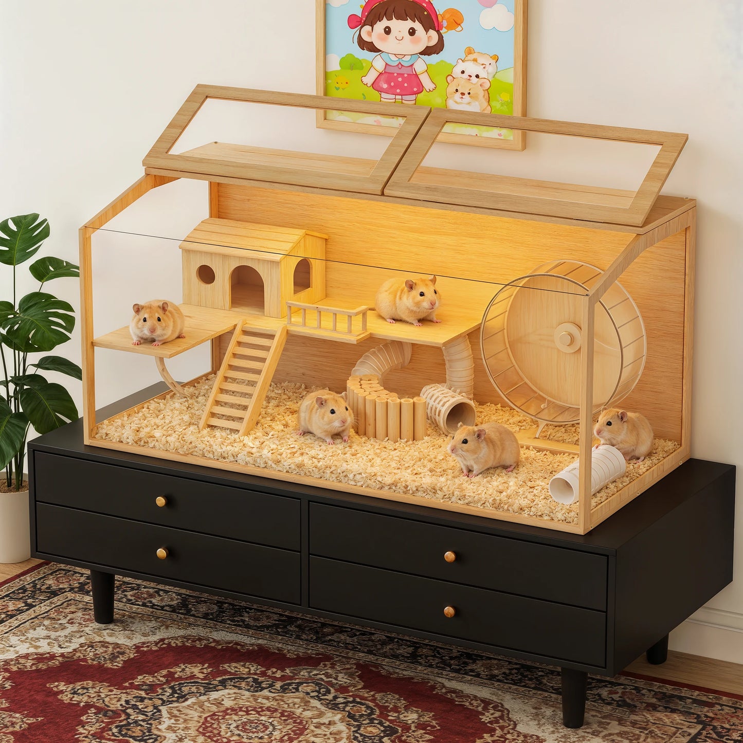 Bingopaw Large Wooden Hamster Cage With LED Light