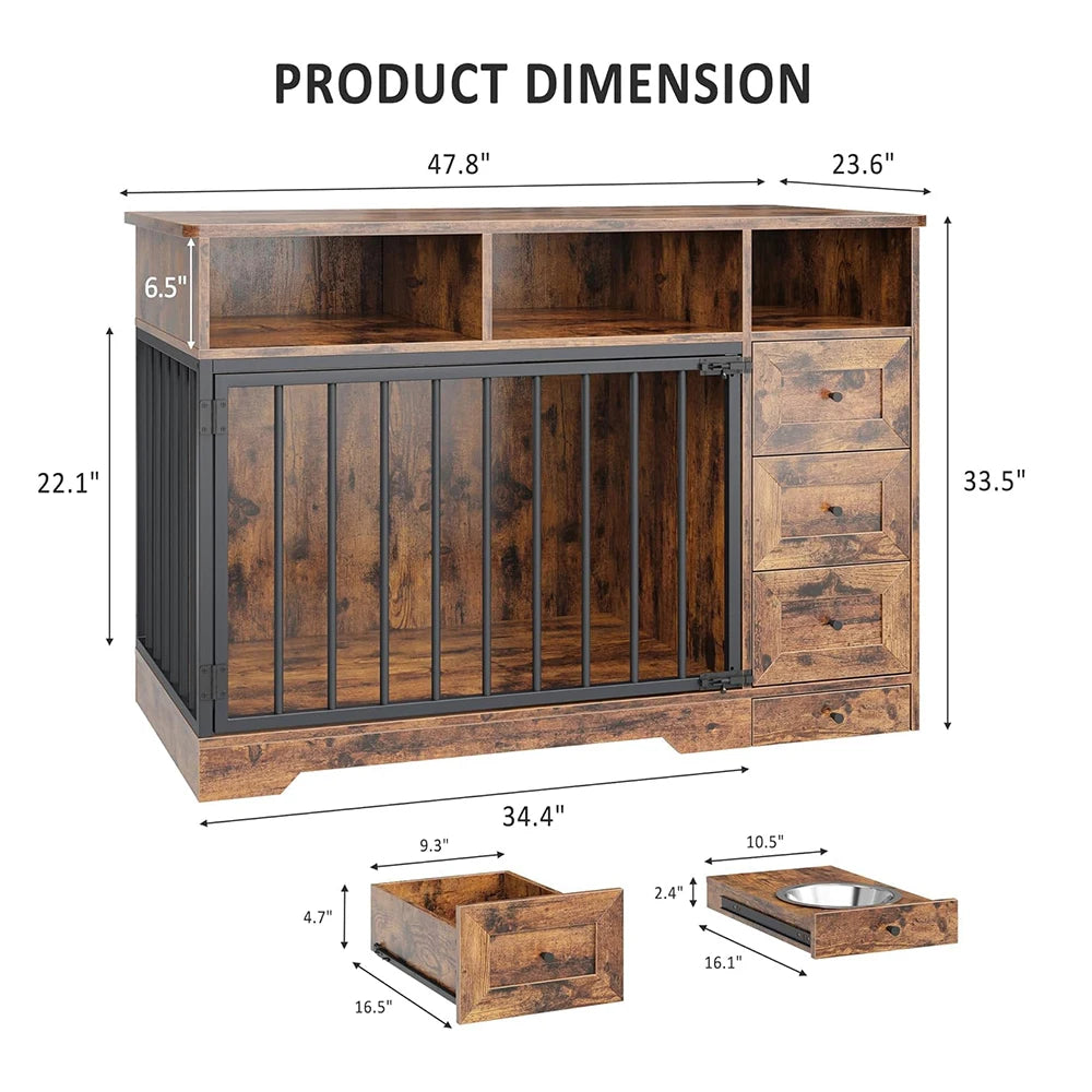 HiMISS Farmhouse Dog Crate Furniture Kennel Table With Drawers Bowl
