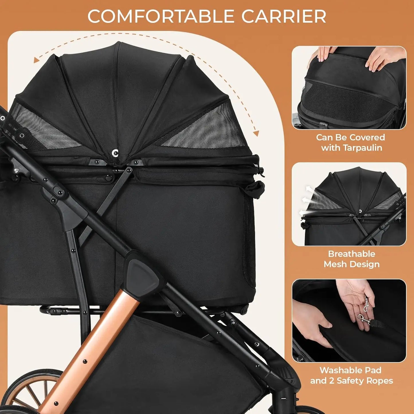 Foldable Pet Stroller All Terrain Travel Carrier With Shock Absorbers