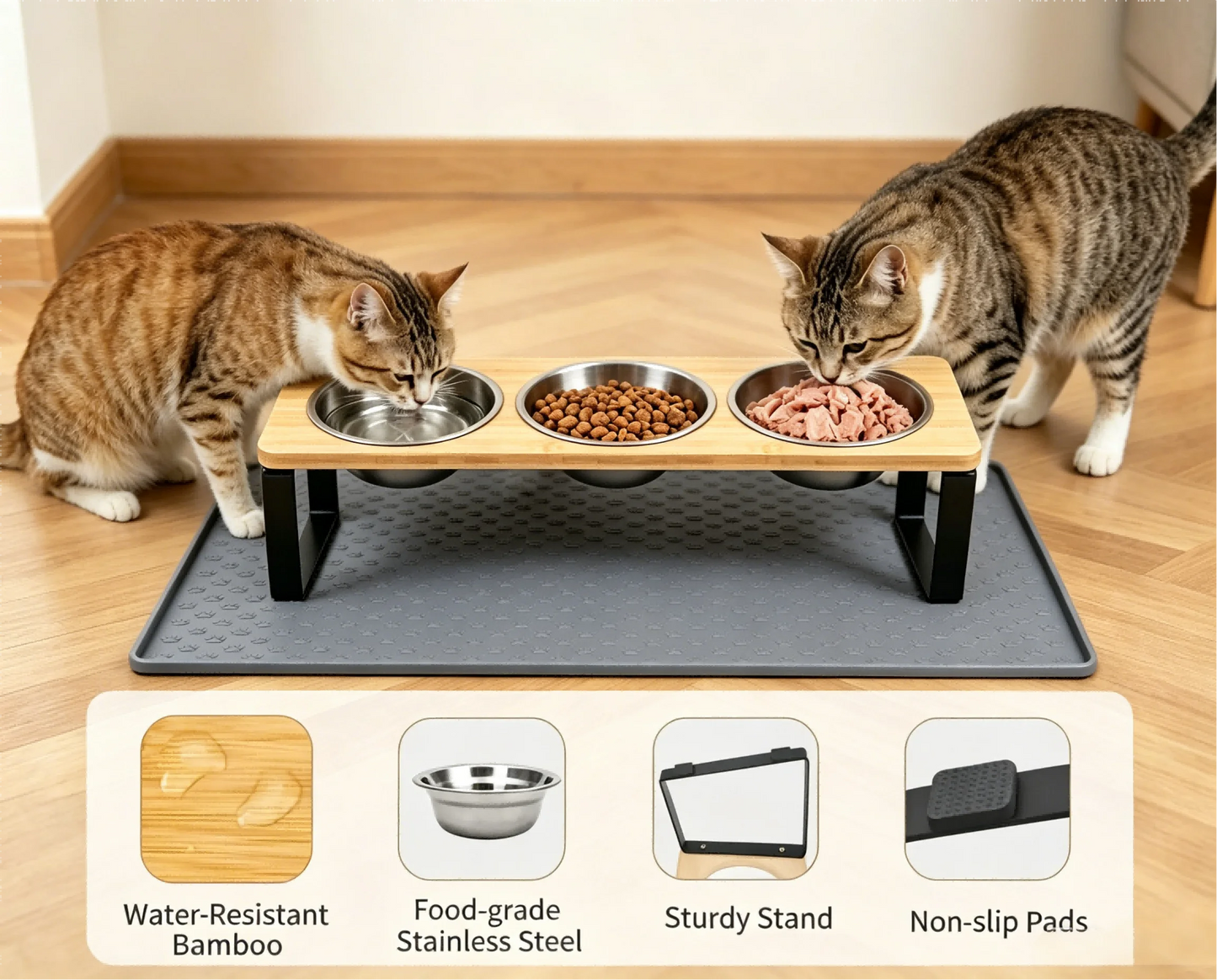 Elevated Cat Feeder With Stainless Steel Bowls And Bamboo Stand