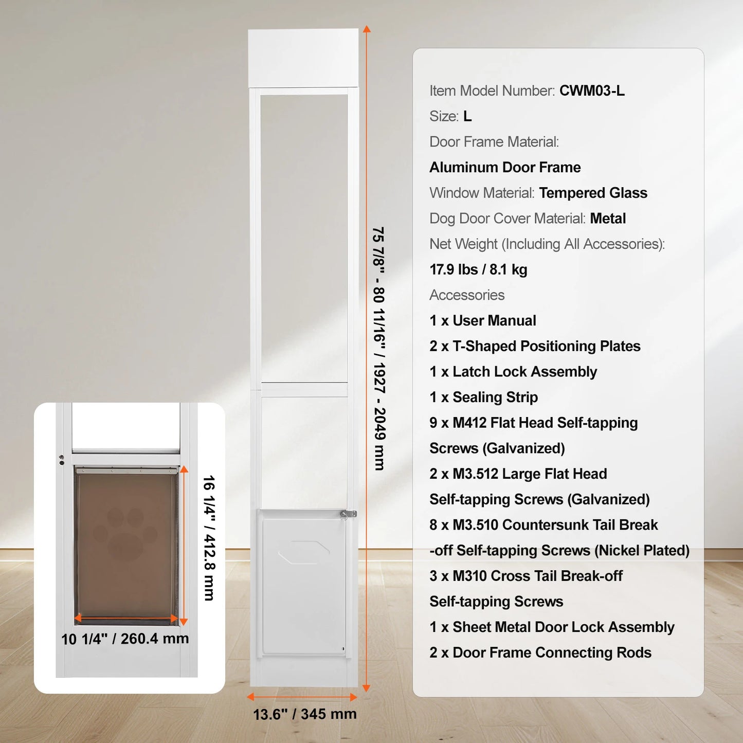 Dog Door For Sliding Glass Door With Adjustable Height Aluminum Frame