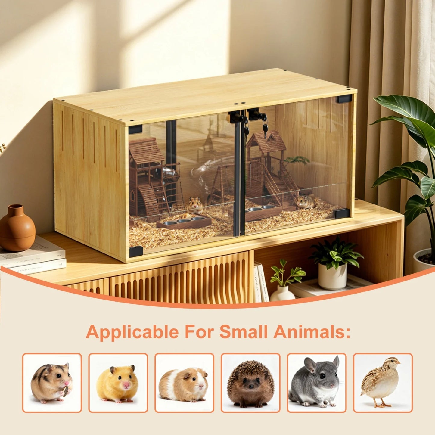 Wooden Small Animal Cage With Tempered Glass Panels