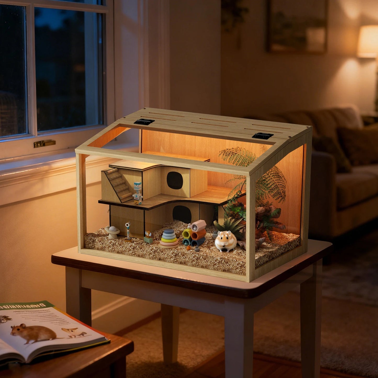 Wooden Hamster Cage With Tempered Glass Top And Led Lighting