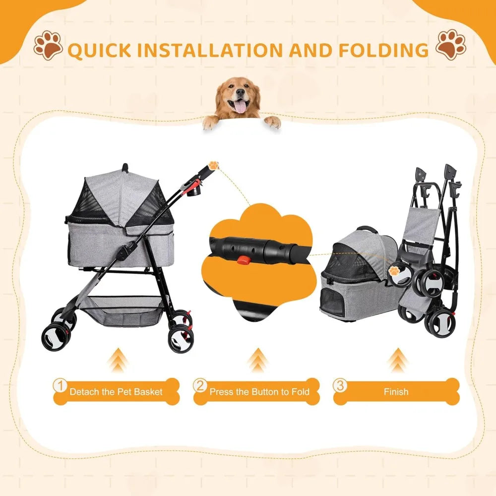 Collapsible Three in 1 Pet Stroller for Dogs and Cats