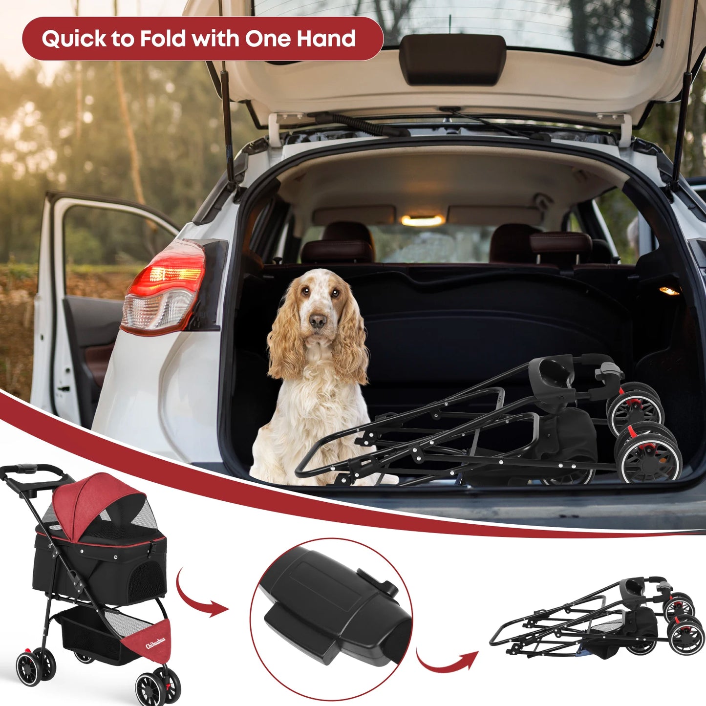 CHIHUAHUA Pet Stroller For Cats And Dogs 3 Wheel Foldable Mesh Canopy