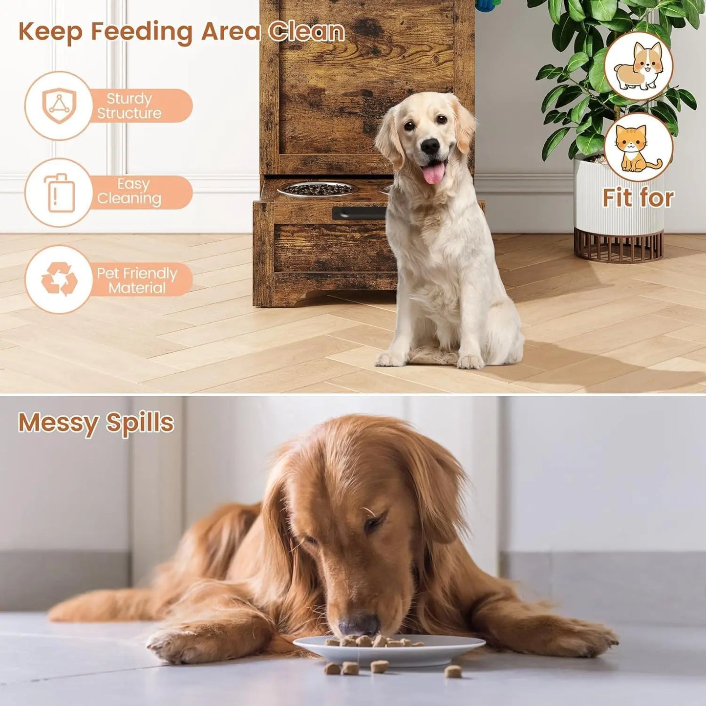 HiMISS Dog Food Station With Storage Cabinet and Raised Bowls