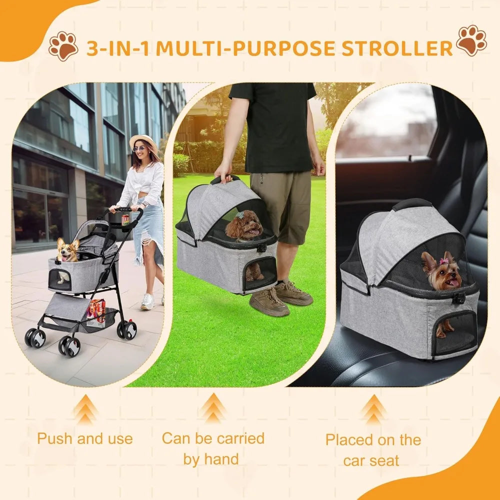 Collapsible Three in 1 Pet Stroller for Dogs and Cats