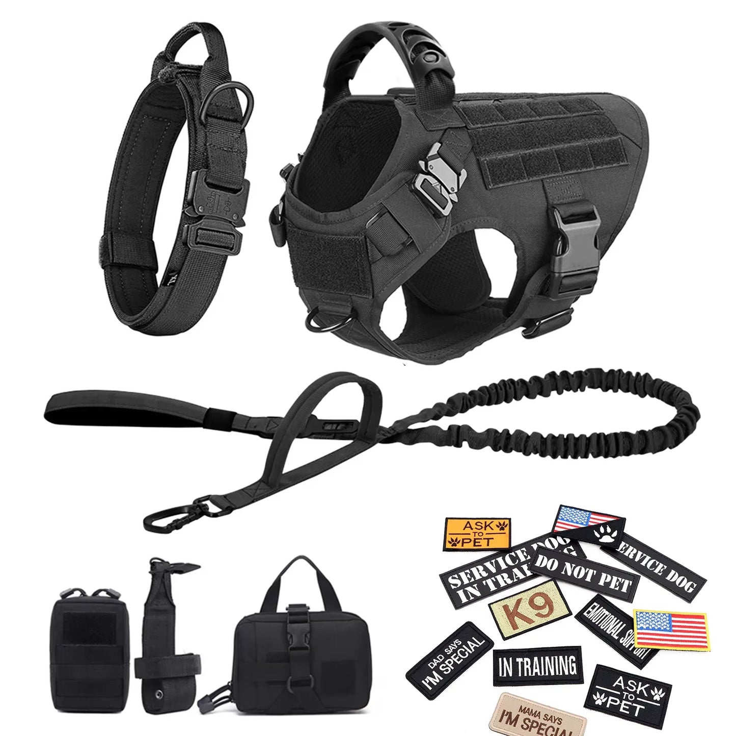 Military Nylon Dog Harness Vest With Leash Patches Training Set