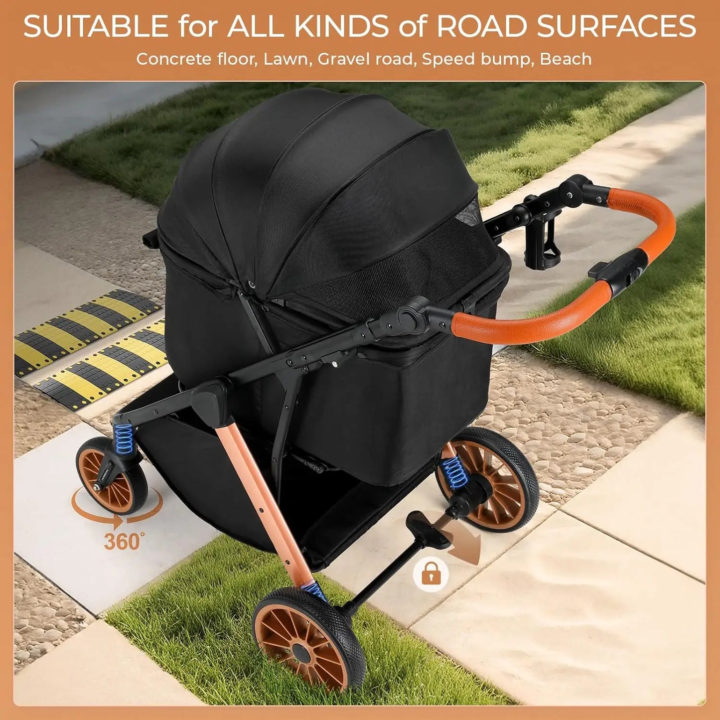 Foldable Pet Stroller All Terrain Travel Carrier With Shock Absorbers