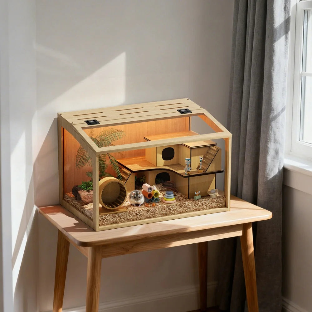 Bingopaw Large Wooden Hamster Cage With LED Light