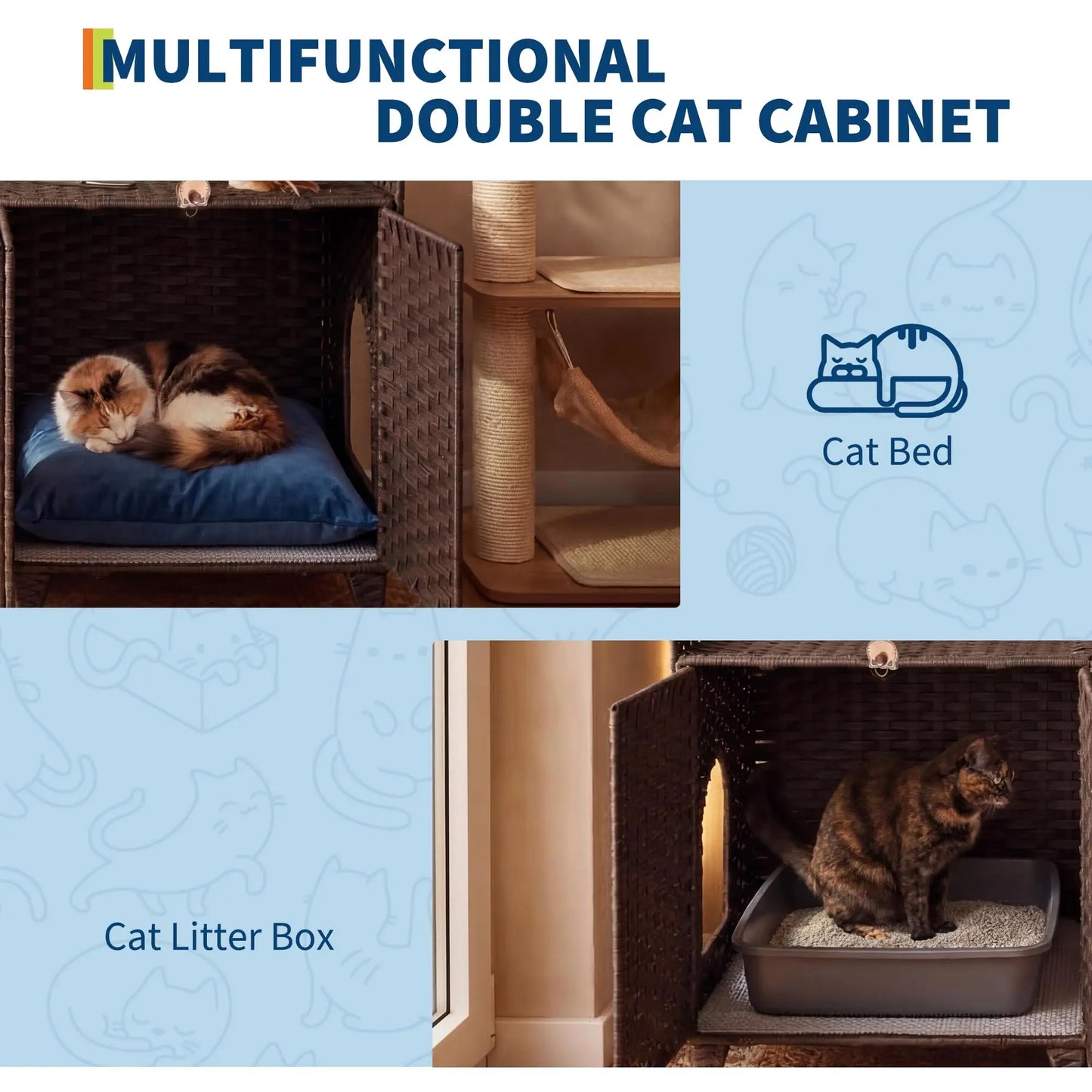 DishyKooker Cat Villa Litter Box Enclosure Rattan For 2 Cats