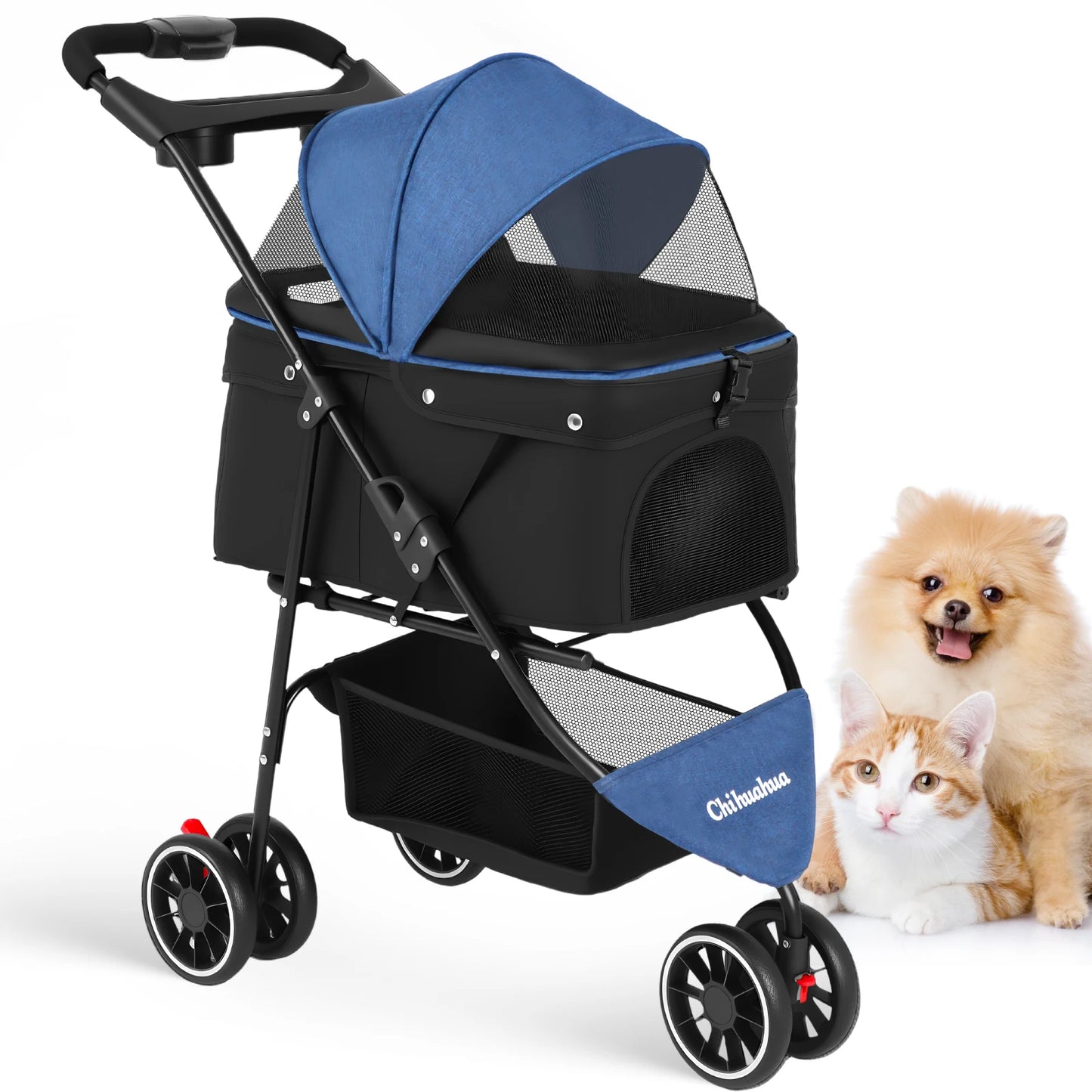 CHIHUAHUA Pet Stroller For Cats And Dogs 3 Wheel Foldable Mesh Canopy