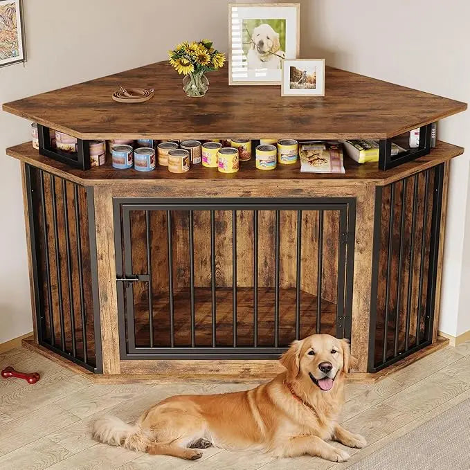 Wooden Corner Dog Crate With Two-Tier Shelves For Large Dogs