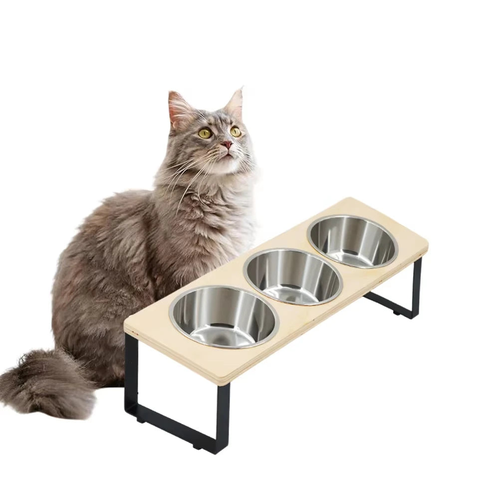 15 Degree Tilt Elevated Bamboo Stainless Steel Cat Feeder