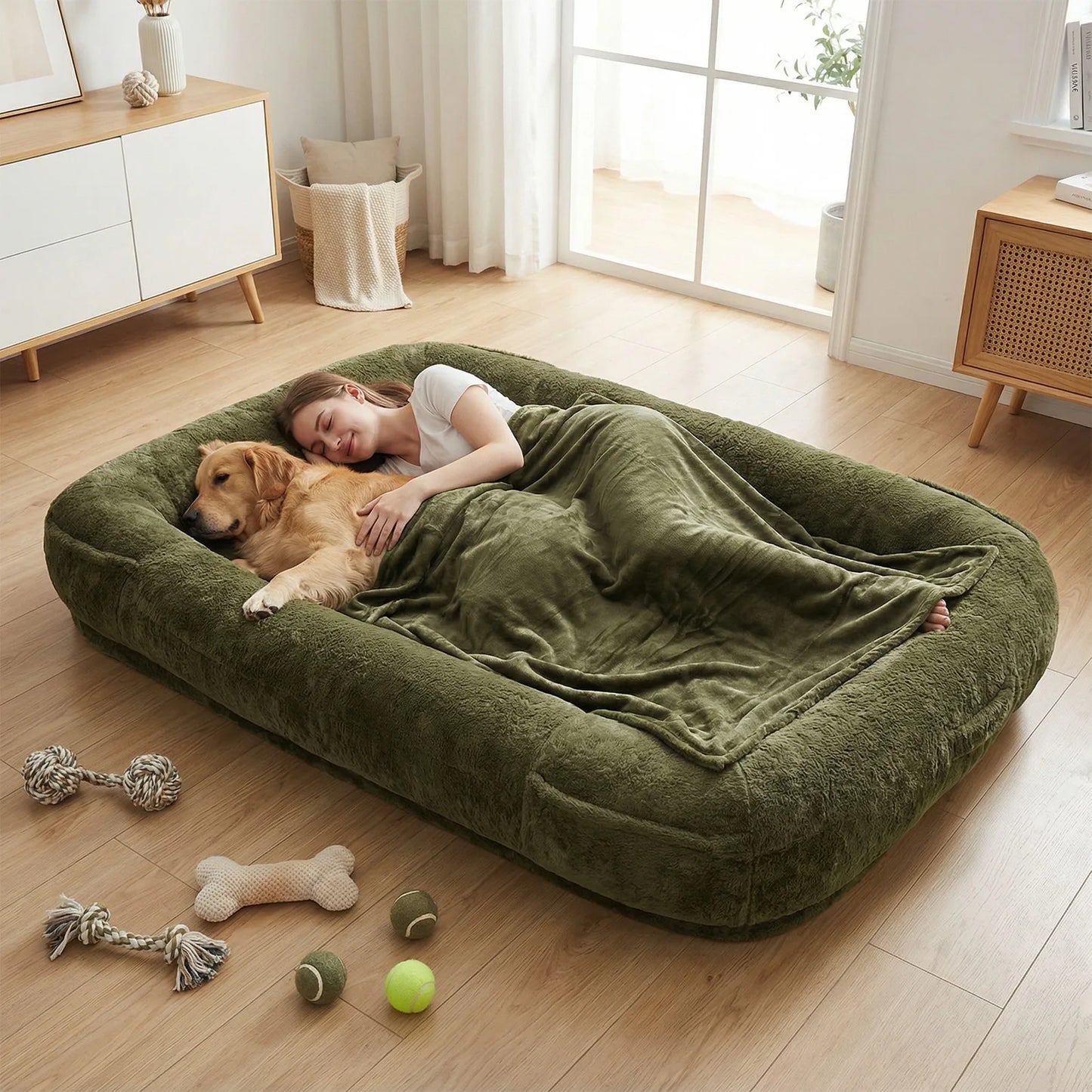 Washable Plush Faux Fur Dog Bed With Soft Blanket Cozy