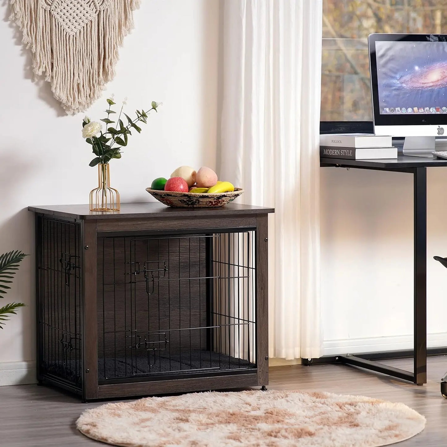 Wooden Dog Crate Furniture With Cushion Kennel Double Doors Indoor