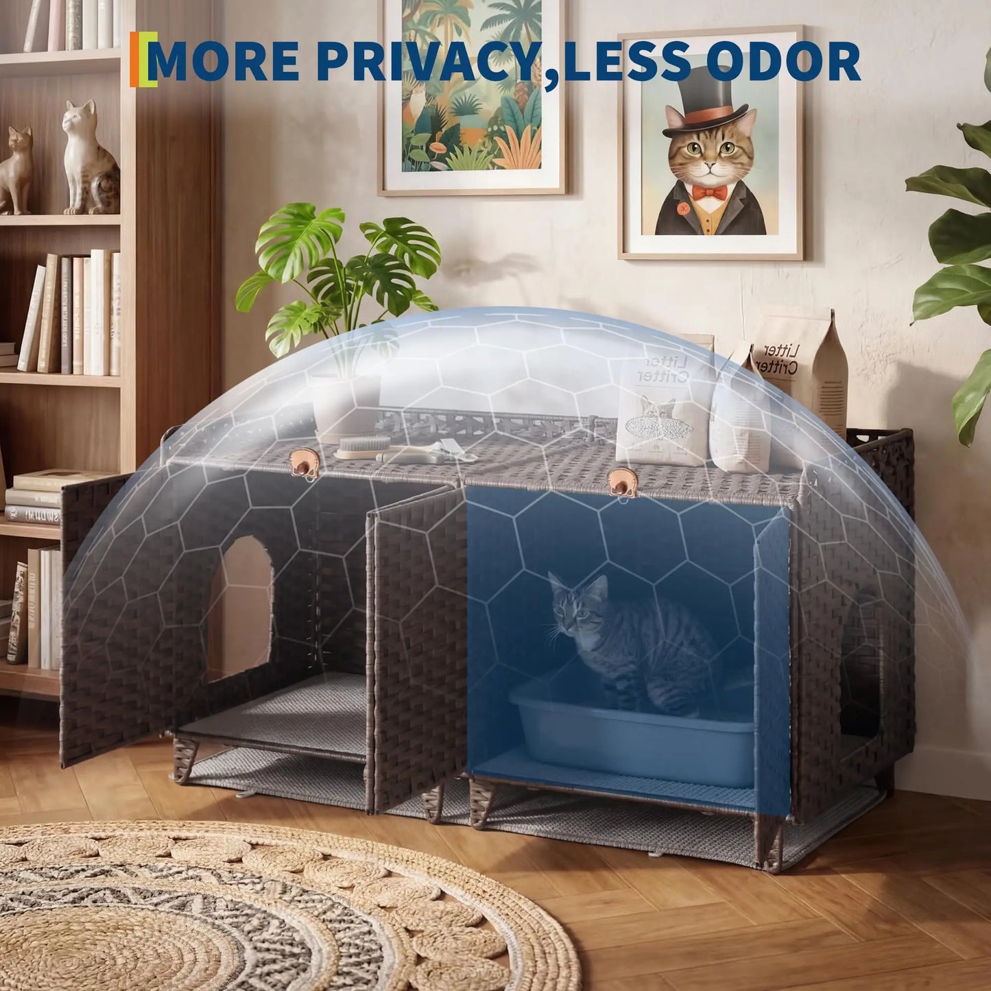 DishyKooker Cat Villa Litter Box Enclosure Rattan For 2 Cats