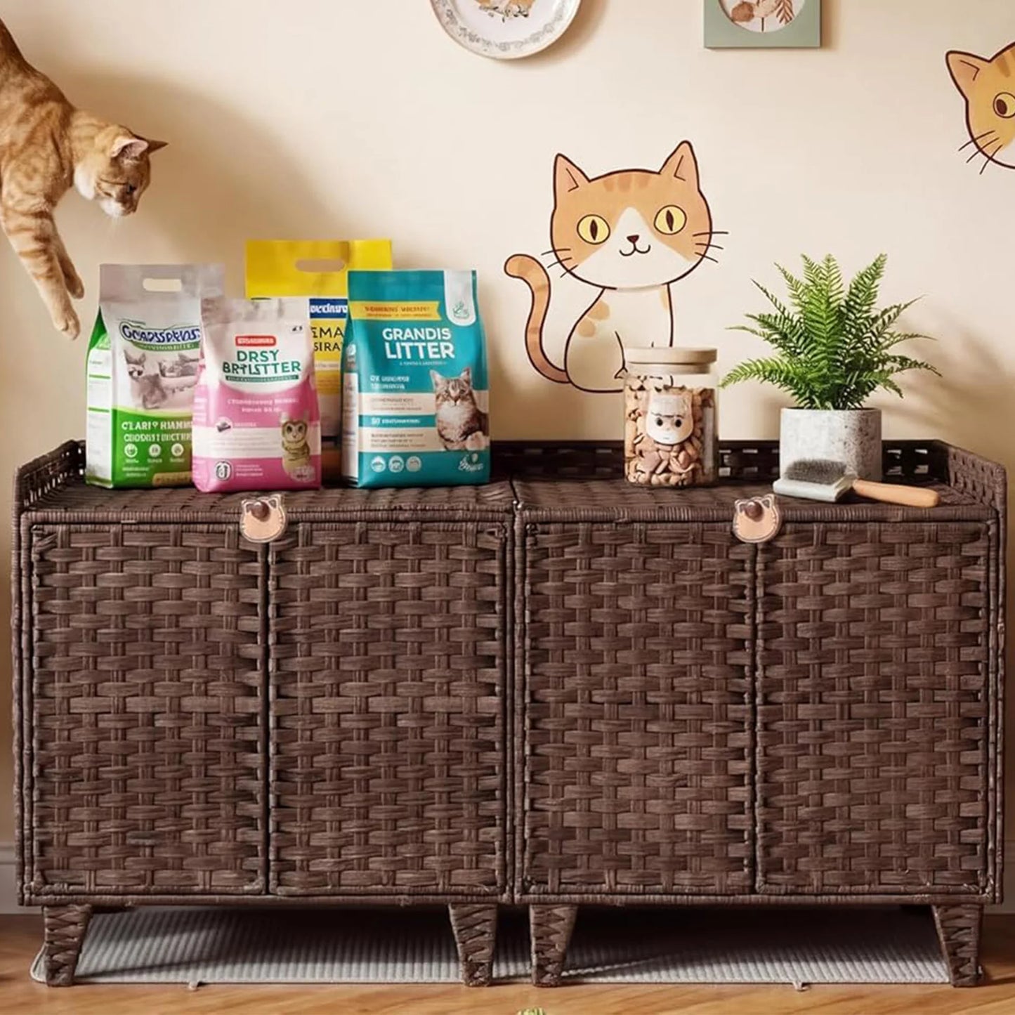 DishyKooker Cat Villa Litter Box Enclosure Rattan For 2 Cats