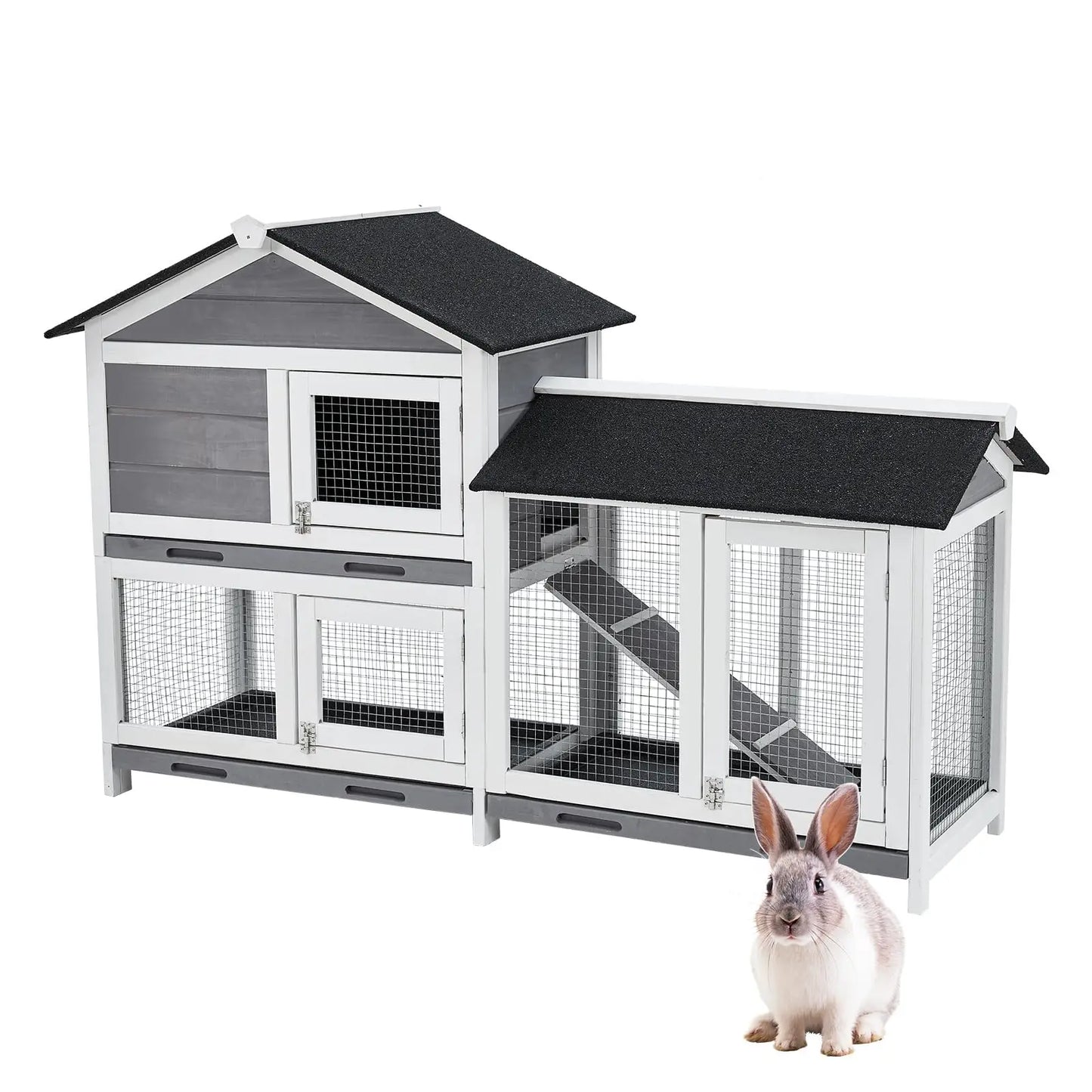 58 Inch Wooden Roof Indoor Outdoor Two Tier Rabbit Hutch
