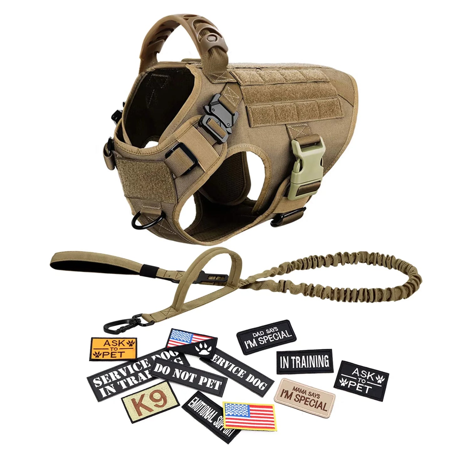Military Nylon Dog Harness Vest With Leash Patches Training Set