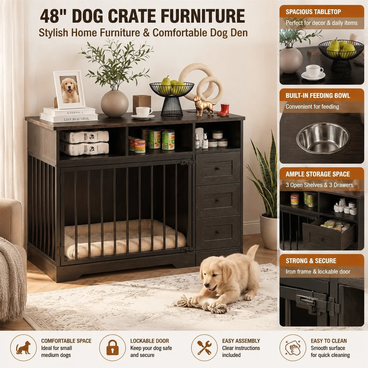 Heavy Duty Wooden Dog Crate Furniture Table With Storage
