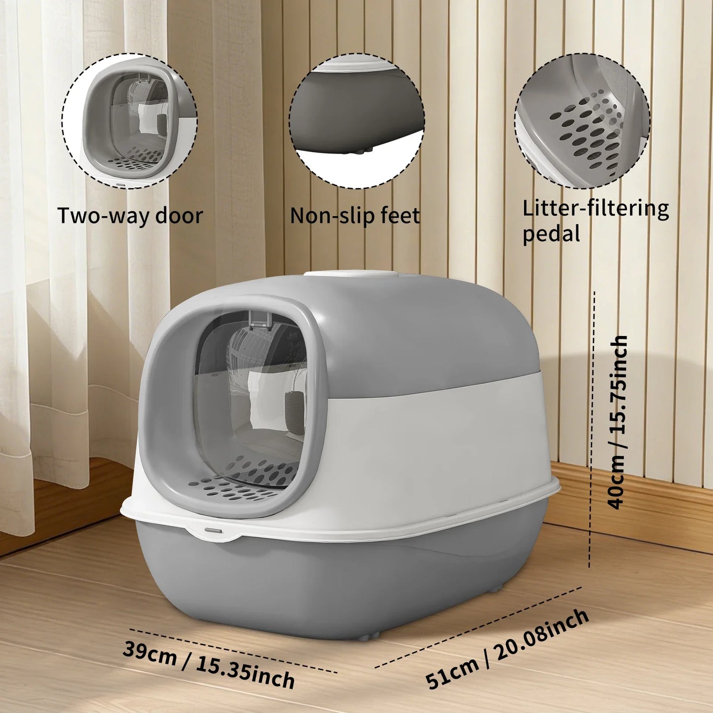 Switchable Open Semi-Enclosed Jumbo Cat Litter Box With Baffle