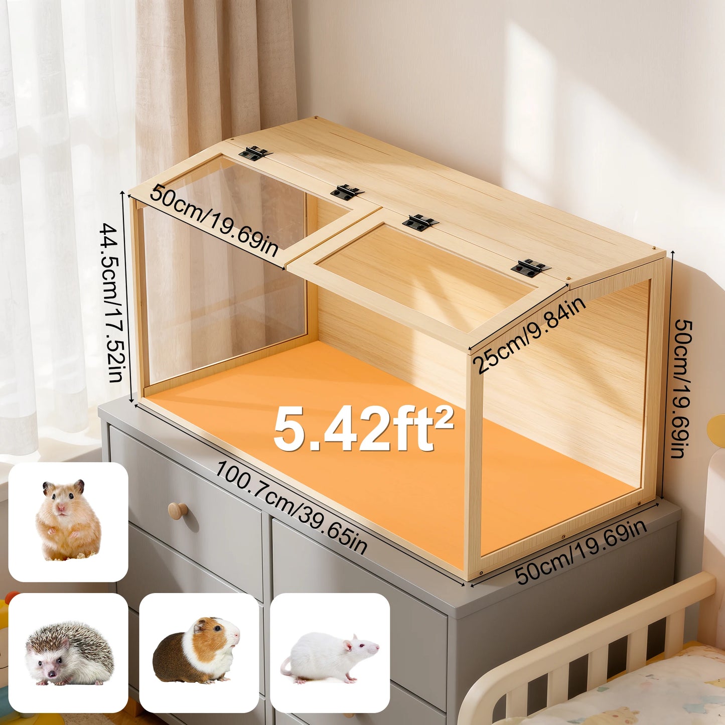 Wooden Hamster Cage With Tempered Glass Top And Led Lighting