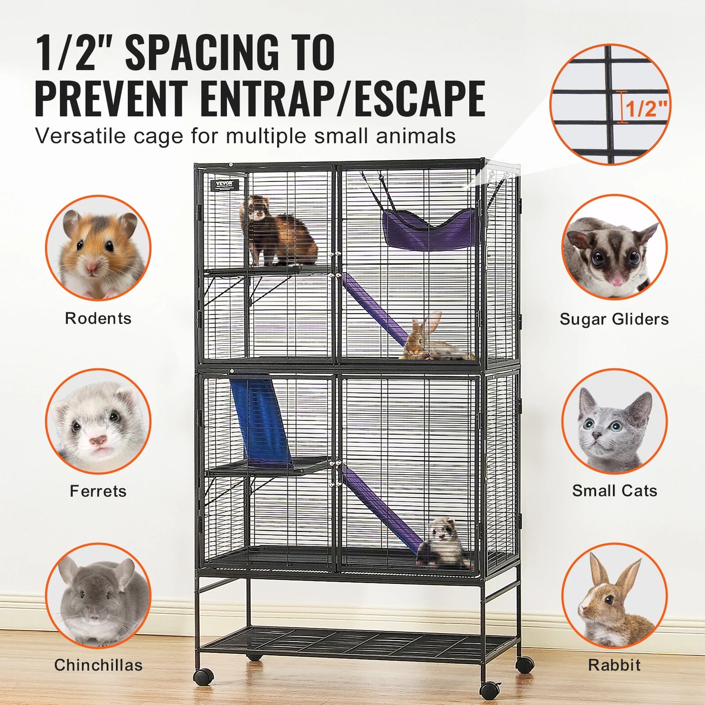 SucceBuy 64.6 Inch Rolling Metal Multi Tier Small Animal Cage