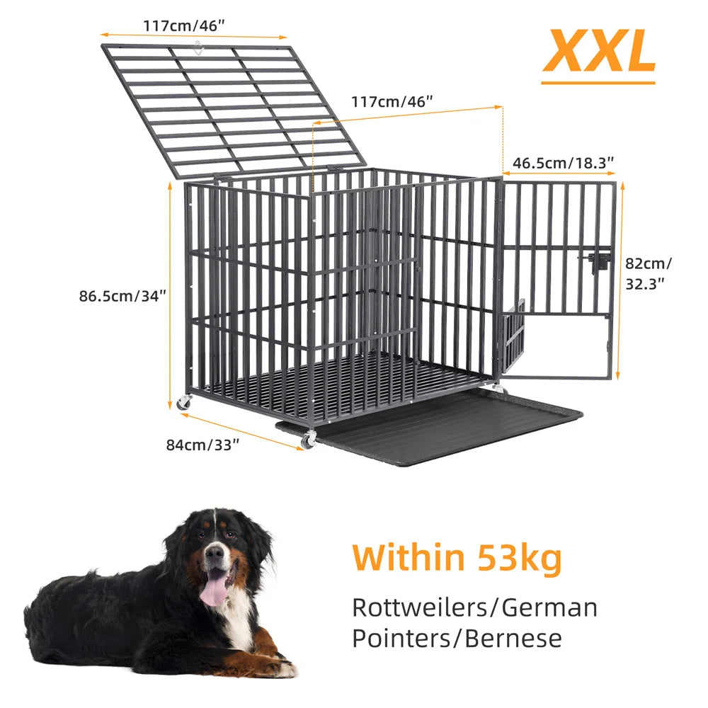 BORWART Heavy Duty Dog Crate With Lockable Wheels And Tray