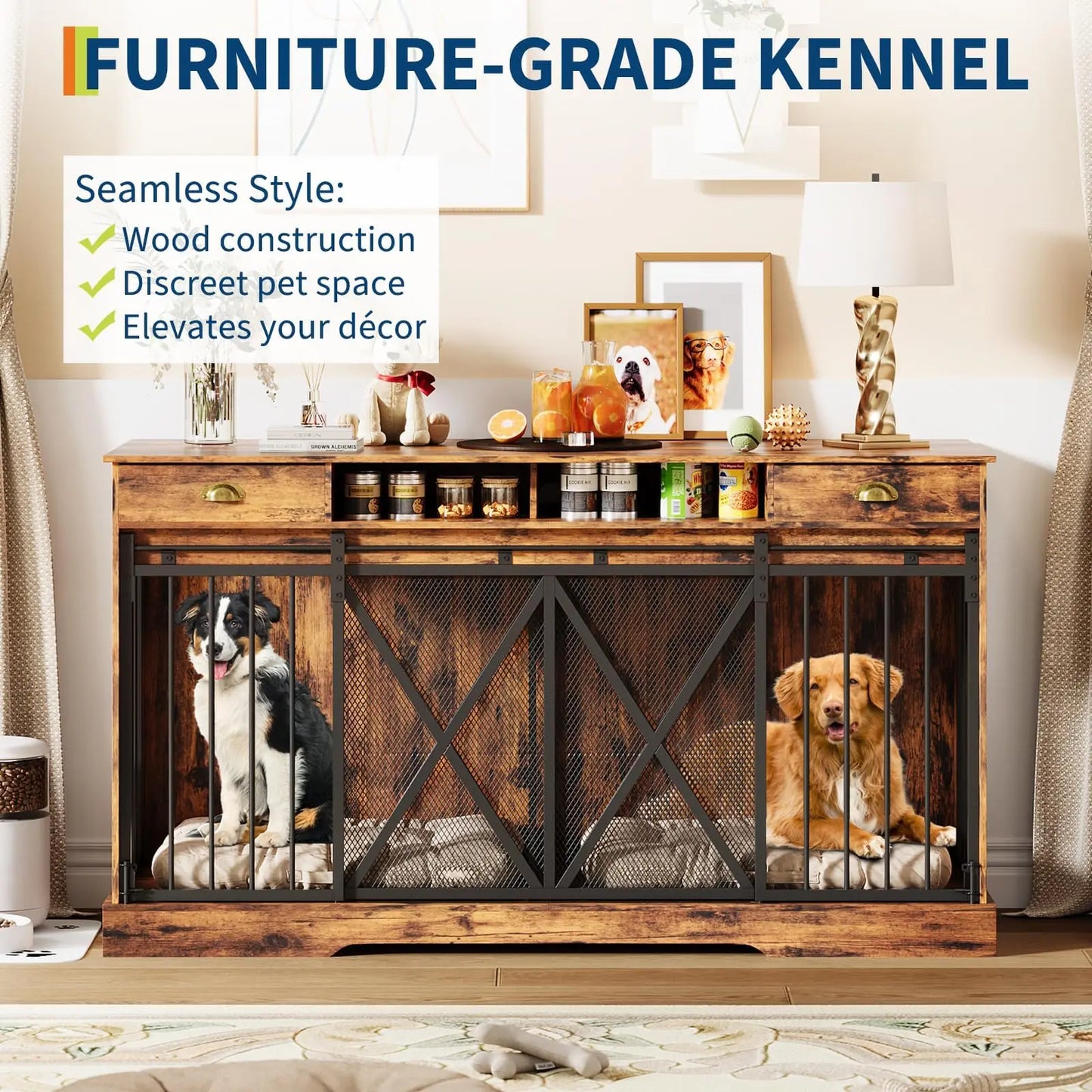 Heavy Duty Double Dog Crate Furniture With Drawers