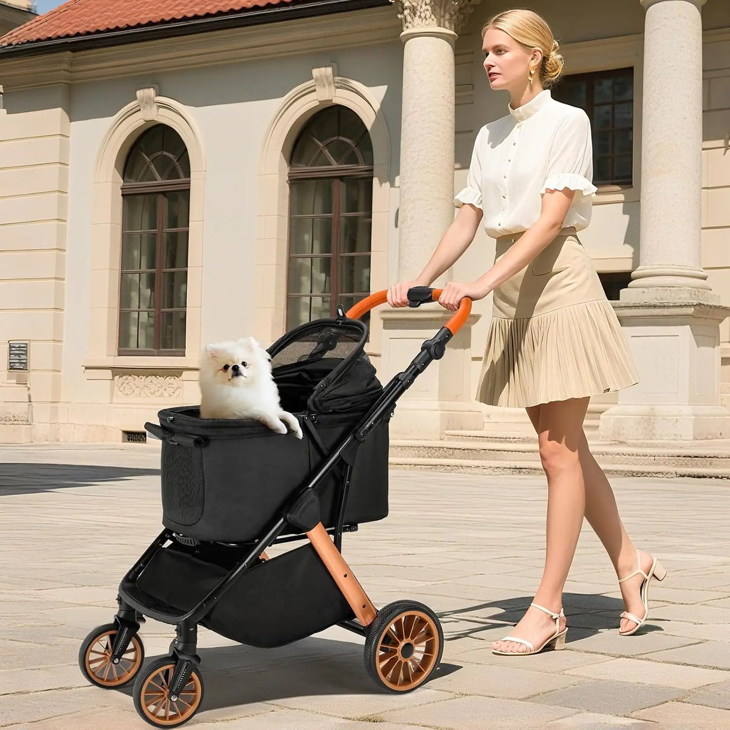 Foldable Pet Stroller All Terrain Travel Carrier With Shock Absorbers