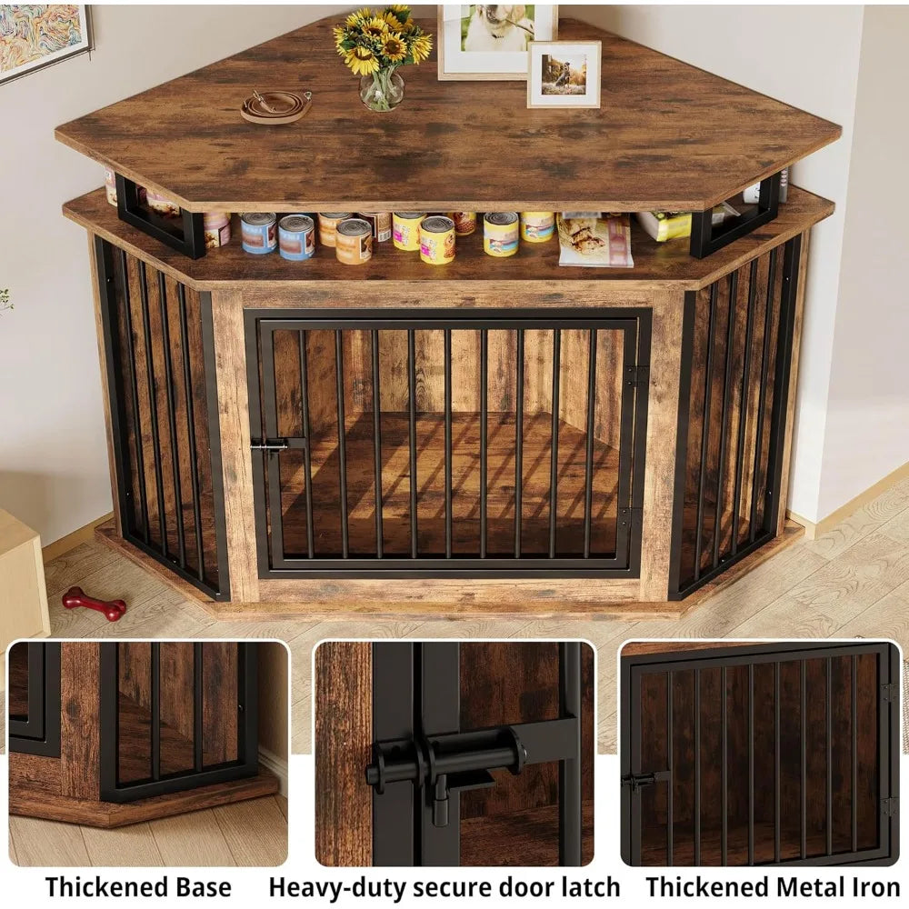 Wooden Corner Dog Crate With Two-Tier Shelves For Large Dogs