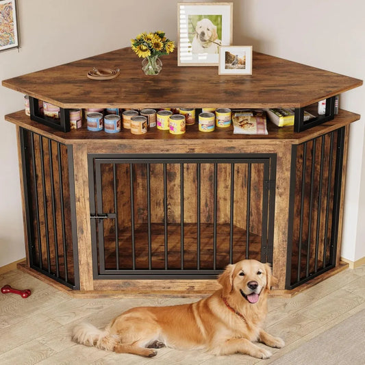 Wooden Corner Dog Crate With Two-Tier Shelves For Large Dogs