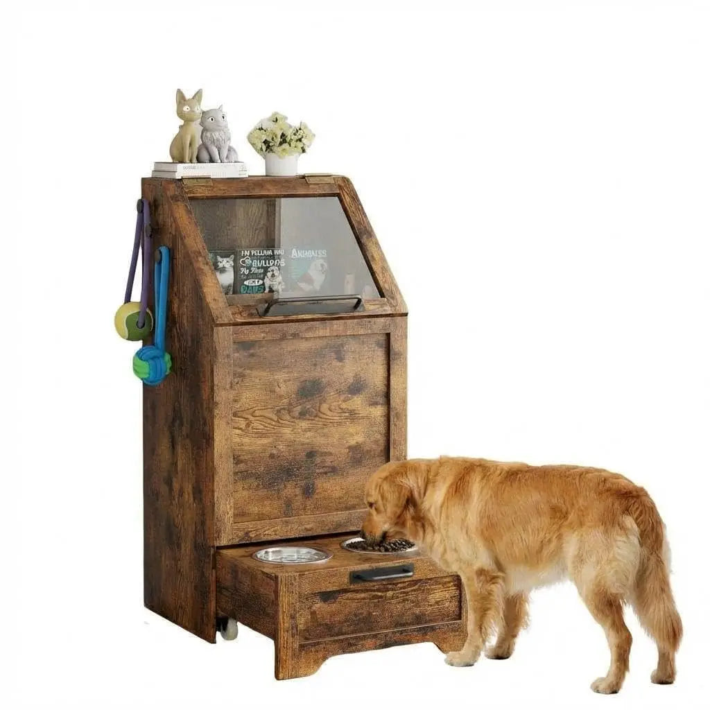 HiMISS Dog Food Station With Storage Cabinet and Raised Bowls