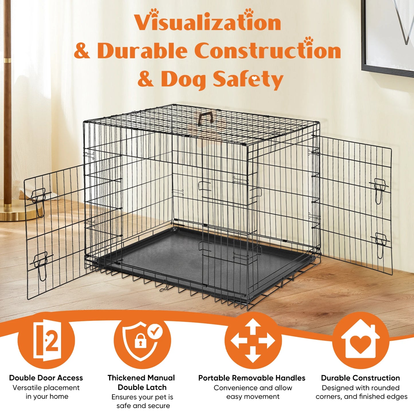 JHK Double Door Folding Metal Wire Dog Cage With Leakproof Pan Tray